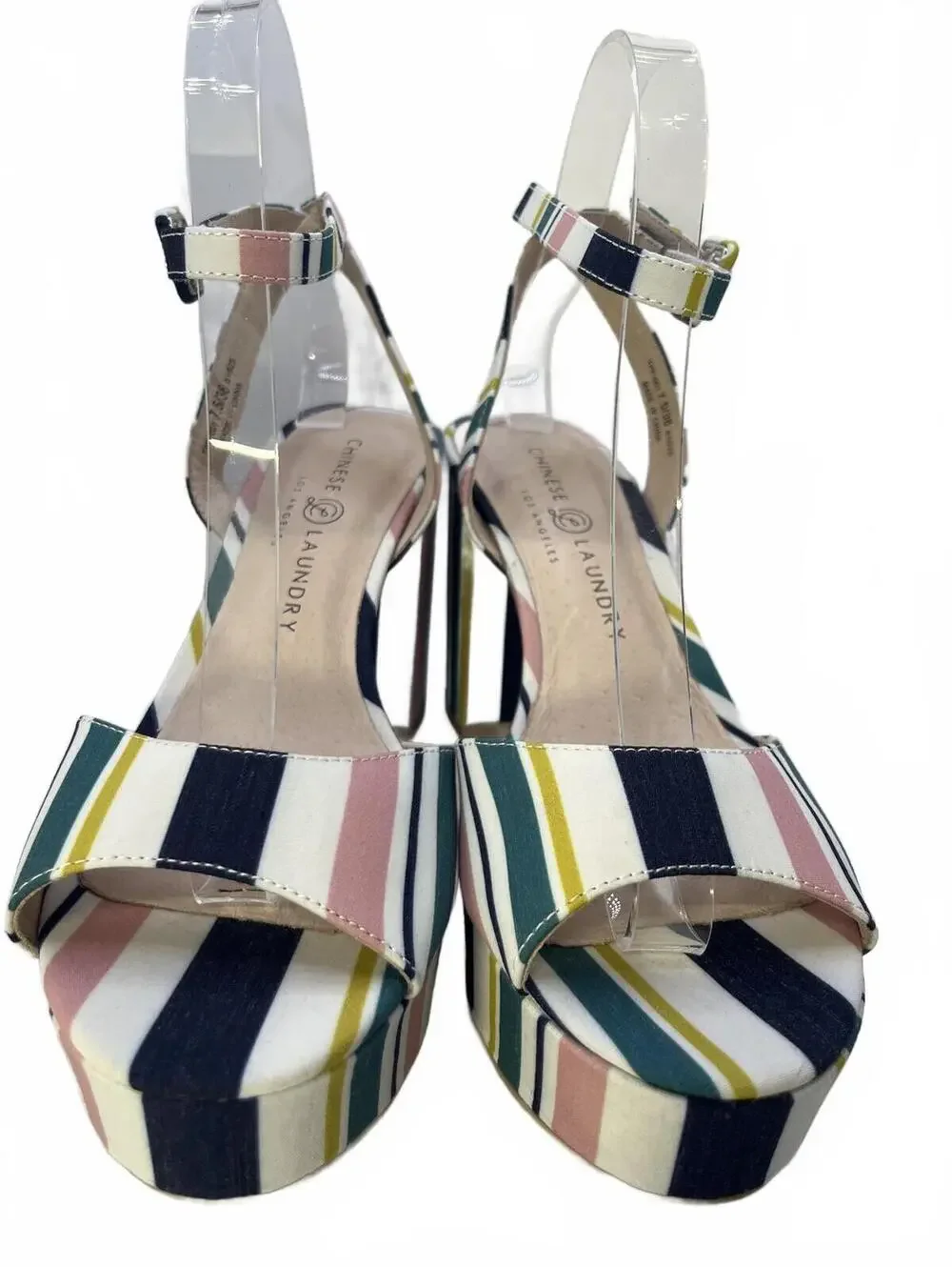 Chinese Laundry Platform Block Heel Sandals Size 7.5 Ankle Strap Multi-Stripe